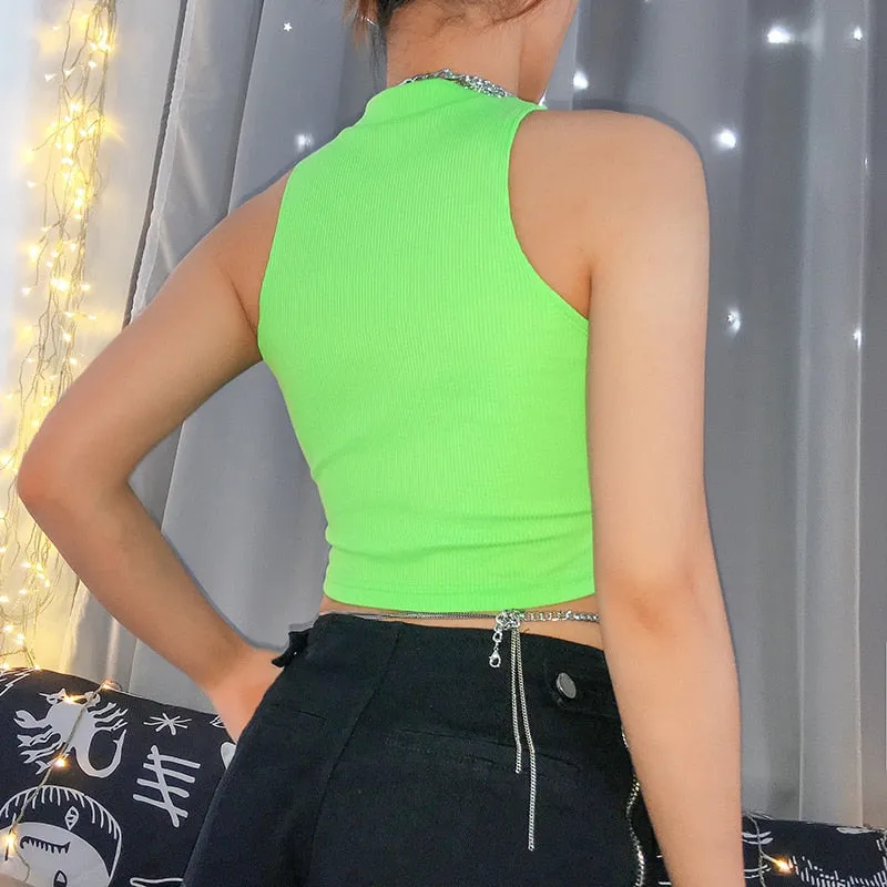 Neon Green Tank Tops Off Shoulder Sexy Cropped Top Sleeveless