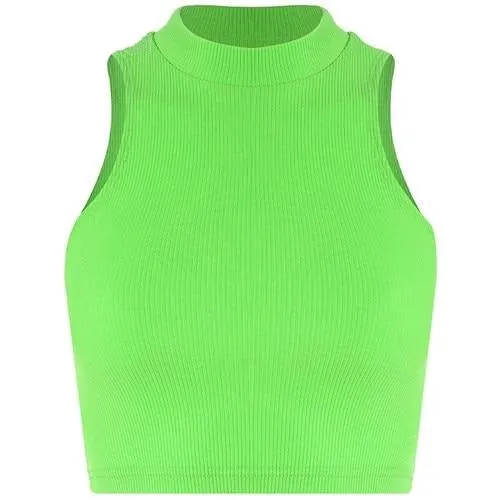 Neon Green Tank Tops Off Shoulder Sexy Cropped Top Sleeveless