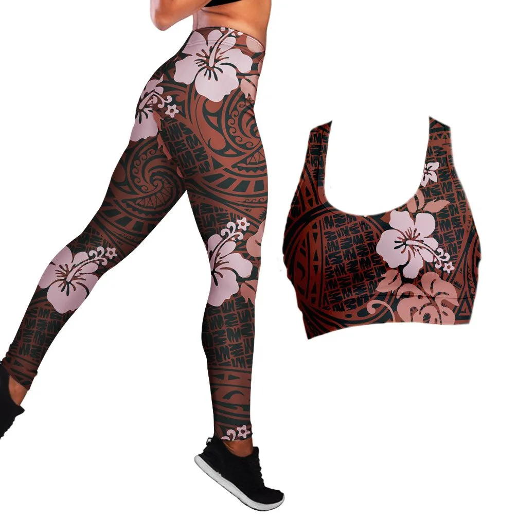 Polynesian Hibiscus Seamless Yoga Set Sports Bras Leggings 2 Piece Set Women Workout Clothes Workout Set for Gym Jogging Fitness