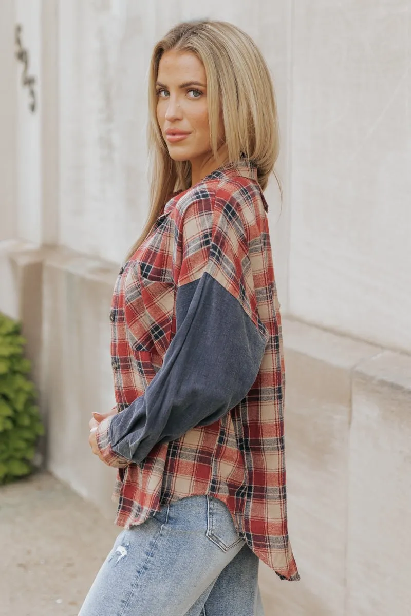 Red Plaid Color Block Button Down Shirt - FINAL SALE