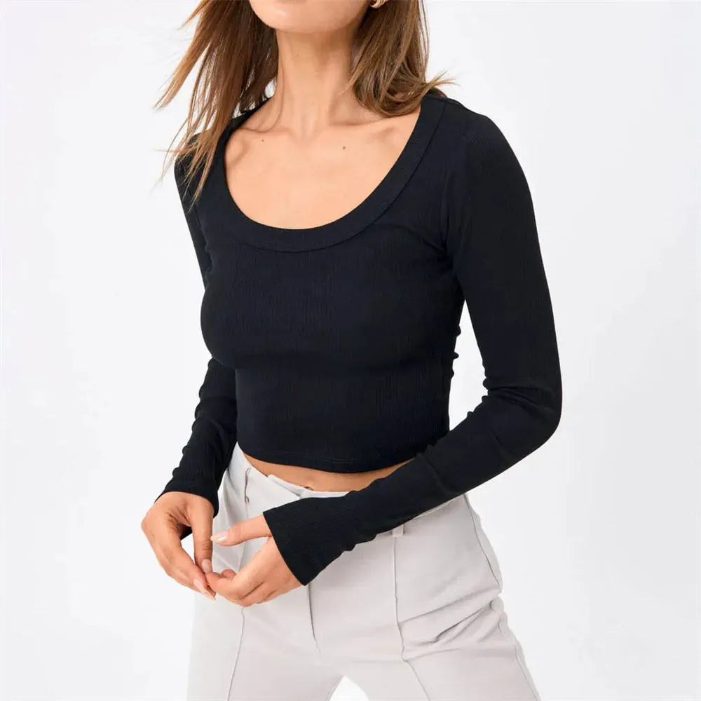 Ribbed Knitted T-shirt - Sexy Round Neck Crop Spring Casual Long Sleeve