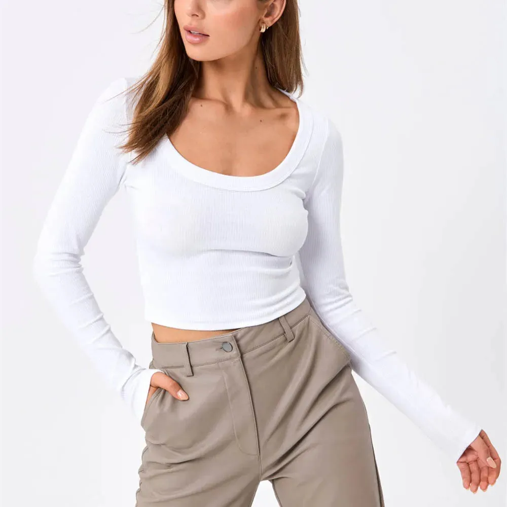 Ribbed Knitted T-shirt - Sexy Round Neck Crop Spring Casual Long Sleeve