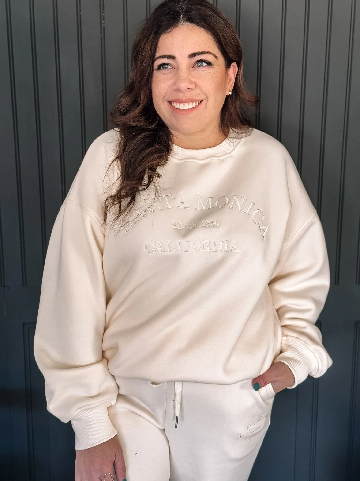 Santa Monica Embroidered Oversized Sweatshirt & Sweatpants Set, Cream