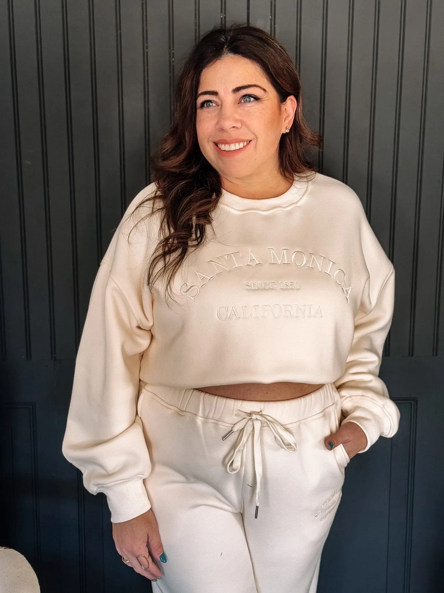 Santa Monica Embroidered Oversized Sweatshirt & Sweatpants Set, Cream