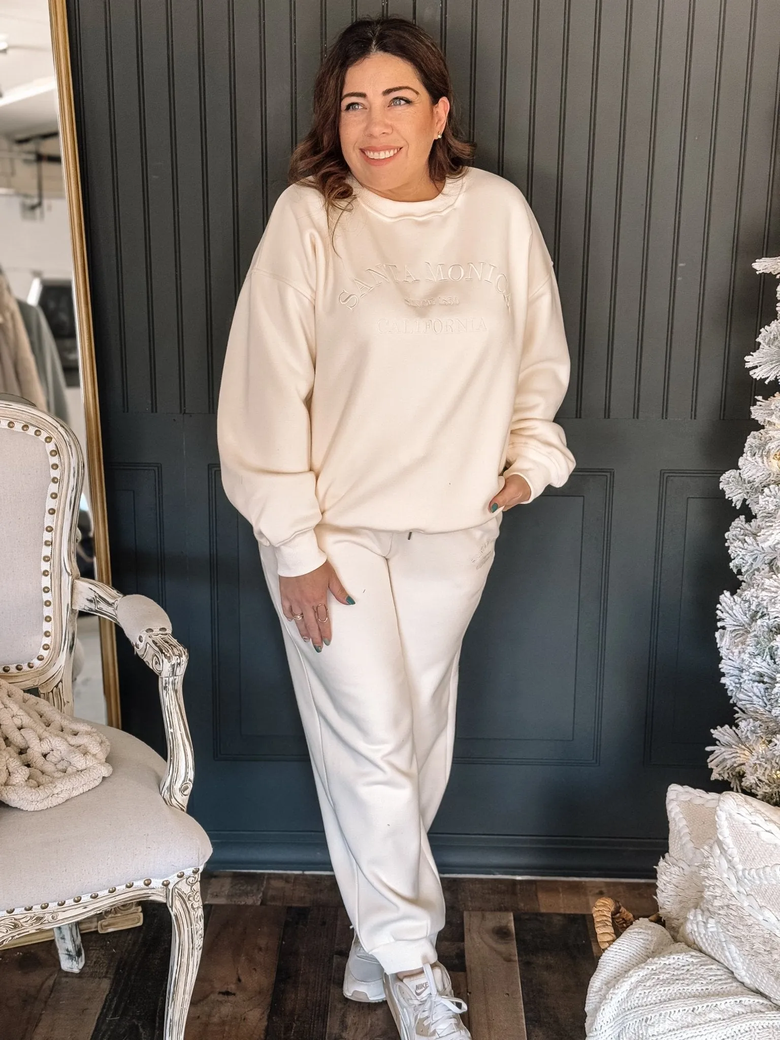 Santa Monica Embroidered Oversized Sweatshirt & Sweatpants Set, Cream