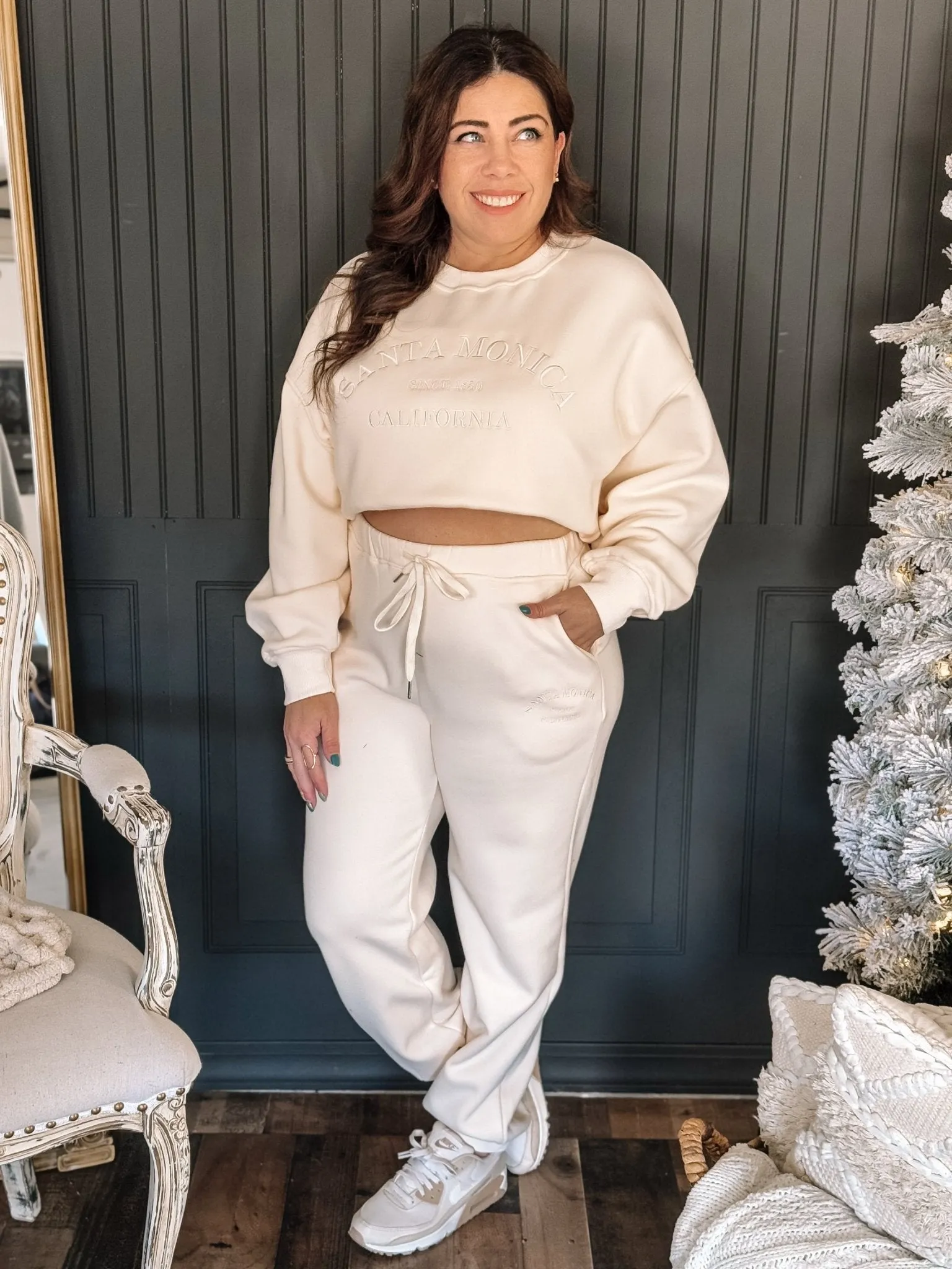 Santa Monica Embroidered Oversized Sweatshirt & Sweatpants Set, Cream