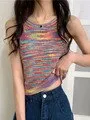 sealbeer Colorful Striped Summer Tanks Tops Women Korean Rainbow Sleeveless Shirts Top O-Neck Slim Knitted Top Slim Sexy Streetwear