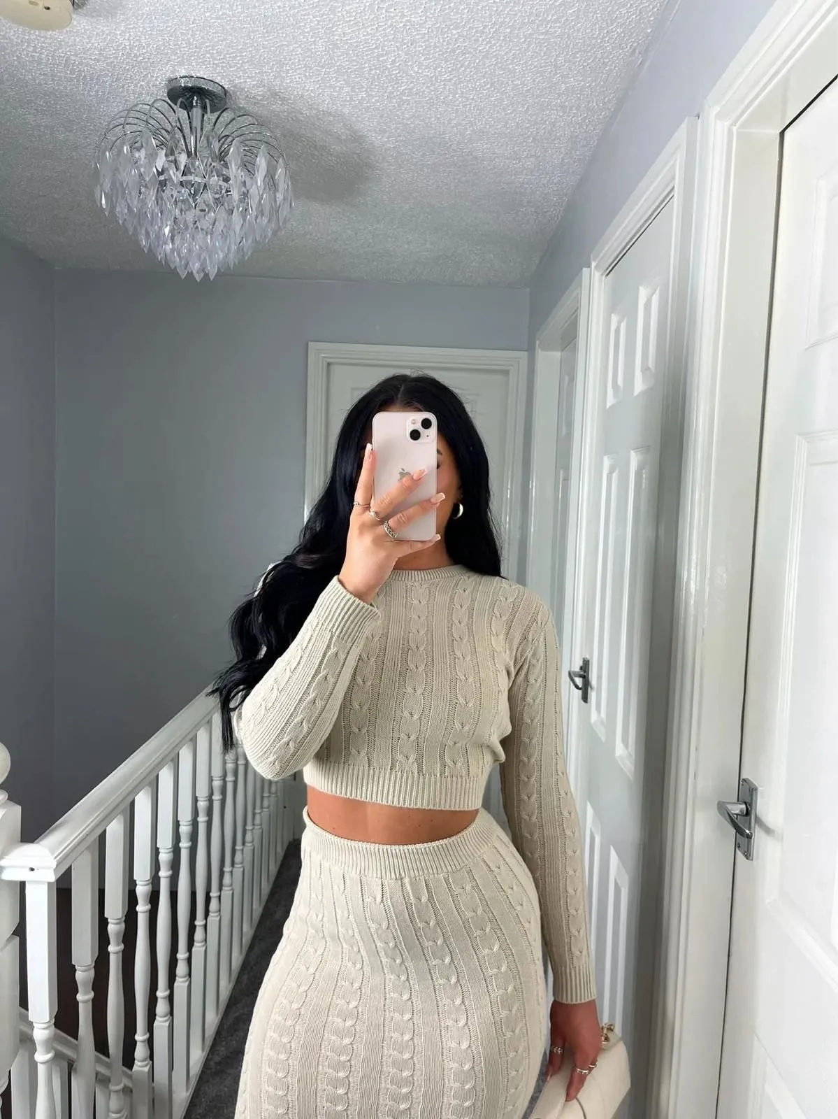 SOFT CREAM CABLE KNIT CROP JUMPER SKIRT COORD