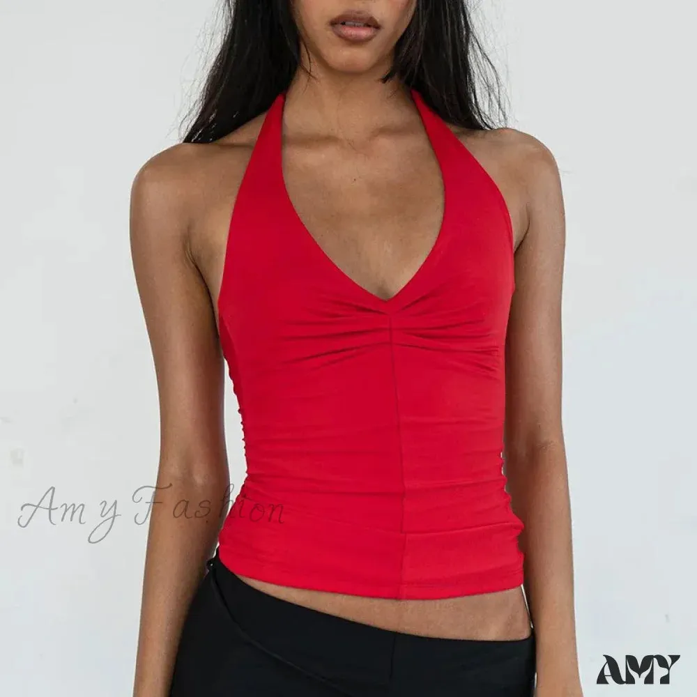 Summer Halter Sexy Backless Sleeveless Ribbed Knit Crop Top