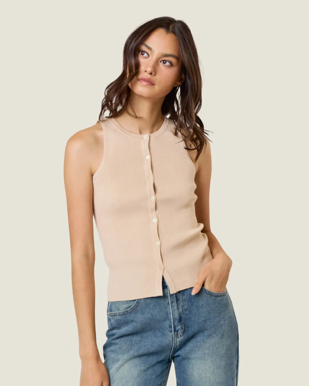 The Alix: Sleeveless Ribbed Button Front Knit Top