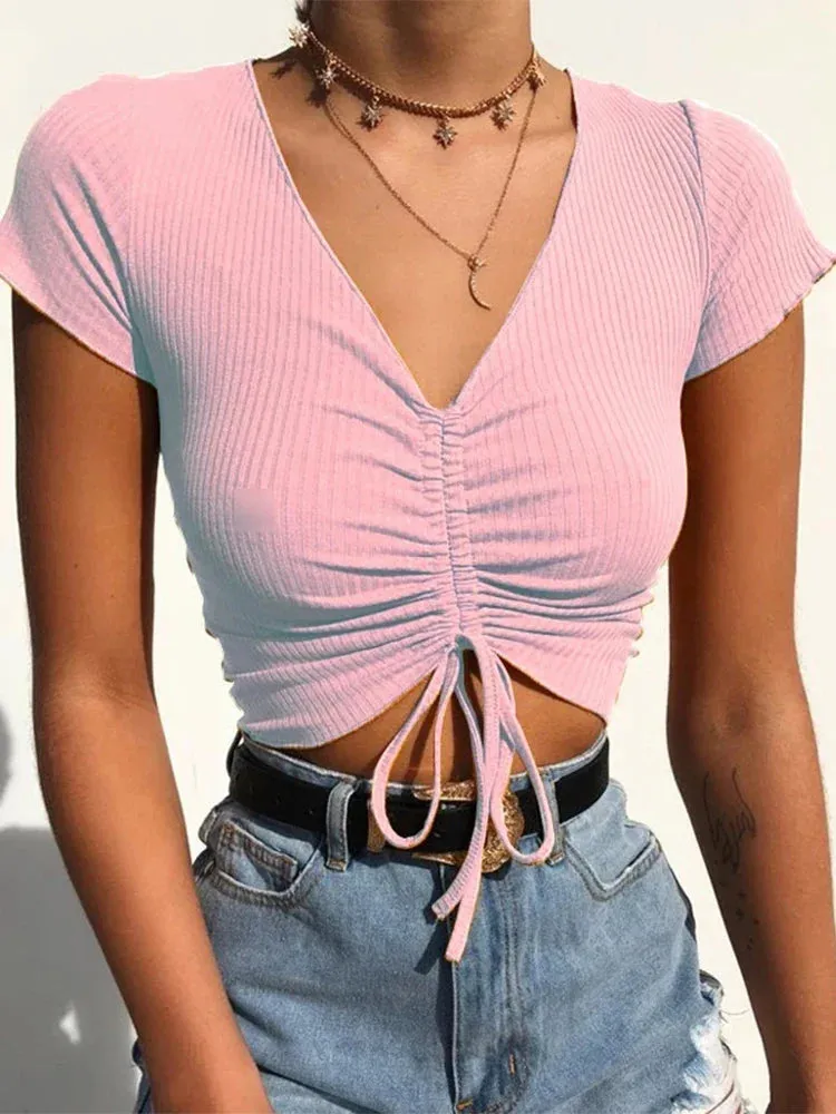 V Neck Tie Up Ribbed Crop Top