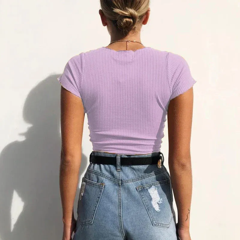 V Neck Tie Up Ribbed Crop Top