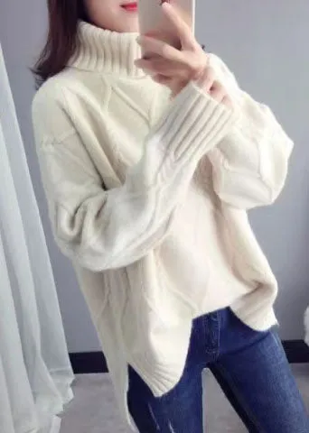 White Sweater Tops High Neck Loose Fitting Spring Knitwear