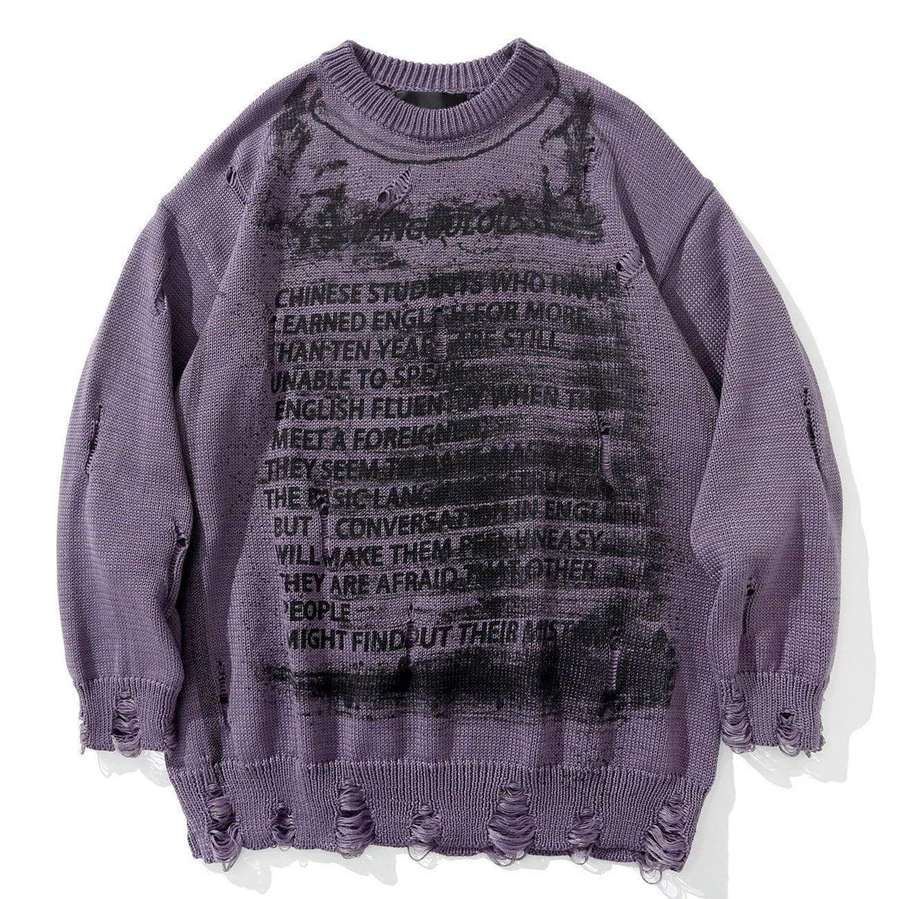 WLS Letter Full Printed Ripped Retro Sweater