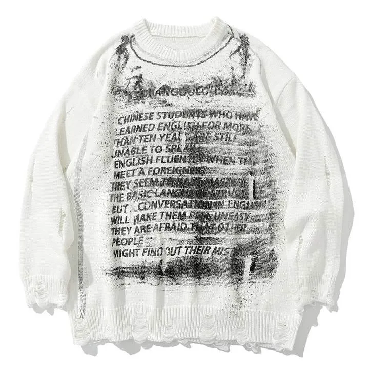 WLS Letter Full Printed Ripped Retro Sweater