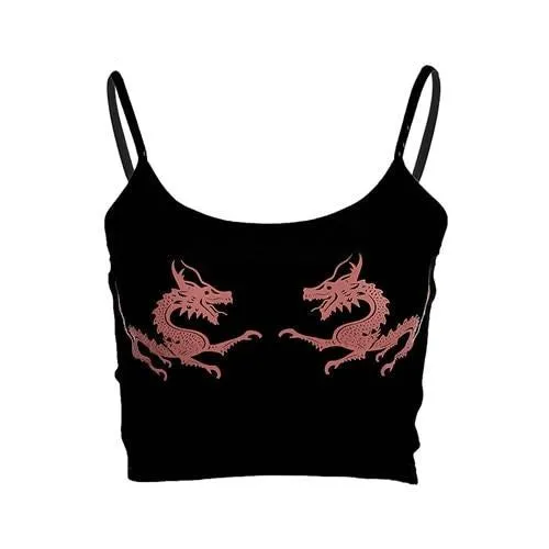 Women Sexy Crop Camisole Cropped Feminino Double Dragon Print Tops Sleeveless Feminino Bralette Fashion Camis