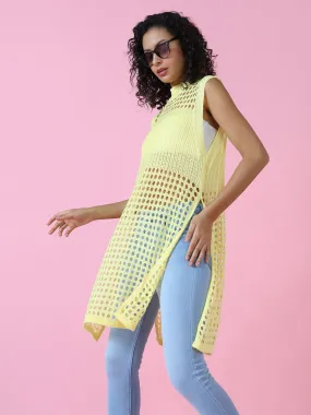 Women Yellow Solid Crochet Longline Top